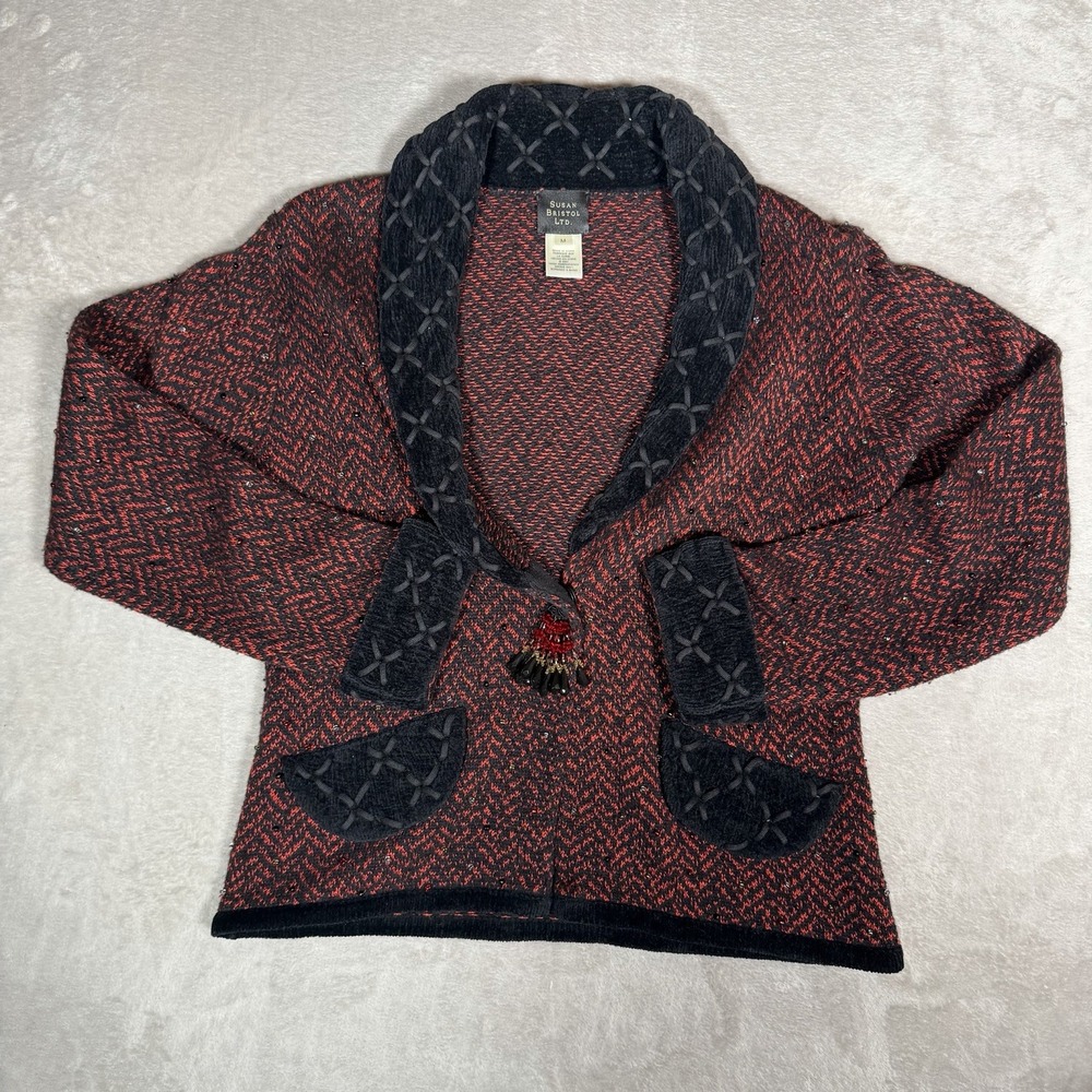 Vintage Susan Bristol Red Black Beaded Tassel Cardigan Sweater Medium 2001